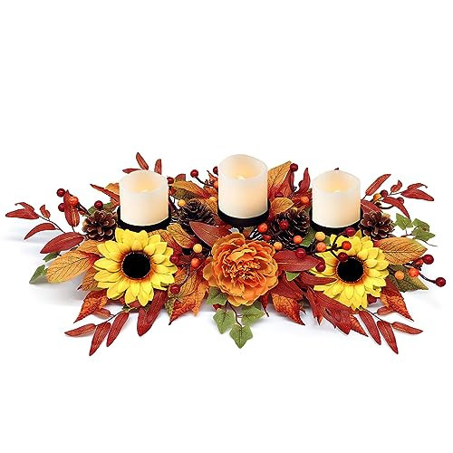 Thanksgiving Centerpiece Fall Table Decorations, Artificial Sunflowers, Peony, Berries, Pine Cones and Autumn Leaves Harvest Table Candelabrum for Fireplace Mantel (Candle Not Included) | Amazon (US)