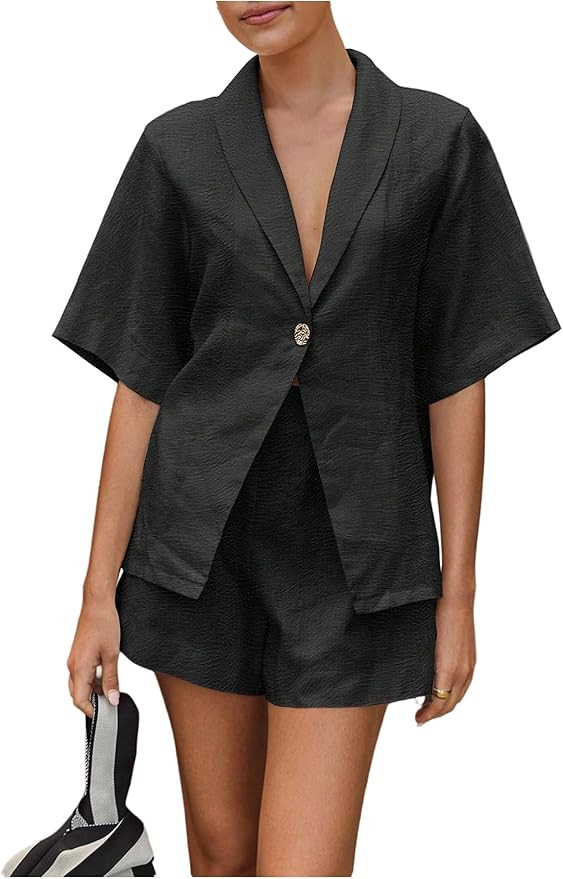 Milumia Women's 2 Piece Outfit Button Front Collared V Neck Short Sleeve Shirt Shorts Sets | Amazon (US)