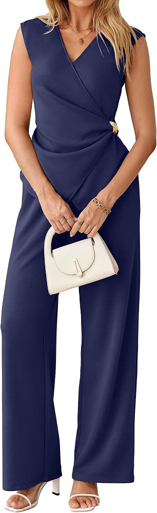 Glamaker Women's 2 Piece Outfits Summer V Neck Sleeveless Wrap Ruched Top and Wide Leg Pants Busi... | Amazon (US)
