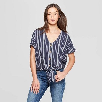 Women's Striped Short Sleeve Tie Front Top - Universal Thread™ Blue | Target