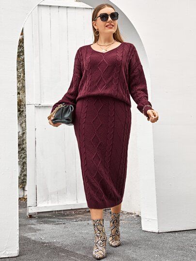 Plus Cable Knit Drop Shoulder Sweater & Knit Skirt | SHEIN