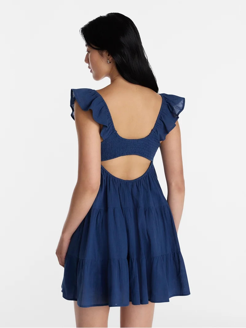 No Boundaries Tiered Cotton Dress with Flutter Sleeves, Women\u2019s XXS-XXL | Walmart (US)