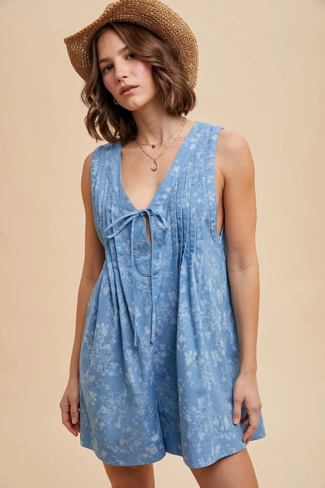 Light Blue Floral Chambray Pleat Front Romper | PinkBlush Maternity