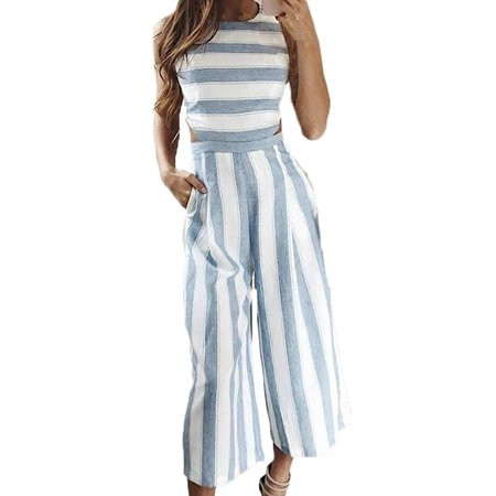 Farrubbyine8 Women Sleeveless Striped Romper Casual Wide Leg Pants Outfits | Walmart (US)