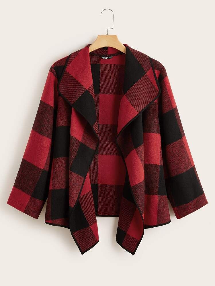 Plus Buffalo Plaid Waterfall Collar Jacket | SHEIN