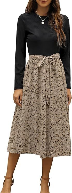 Zattcas Women Long Sleeve Ribbed Midi Dress Modest Casual Work Dress with Pockets | Amazon (US)