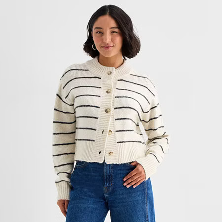 a.n.a Womens Crew Neck Long Sleeve Button Cardigan, Small, Beige | JCPenney