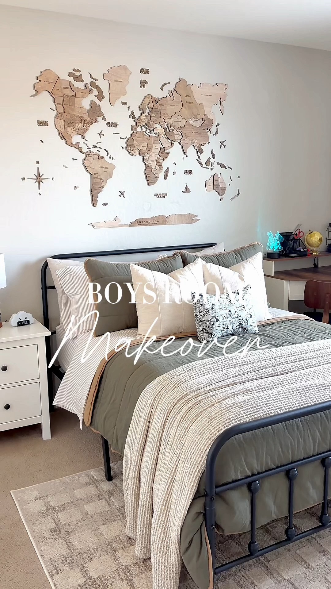 Boys room makeover!

Earlier this summer we gave my son’s room an update.  Years ago this room was the school room with the big green chalkboard. Then when my boys wanted separate rooms this became my youngest son’s room. My son and I absolutely love how it turned out!  My favorite is the beautiful wood map to fill up the large open space after taking the chalkboard down. I love the mix of neutrals in here with wood tones, green, and black and white.  We now have a place to display all of his Legos, a small desk space, and he loves how we were able to bring in a subtle Avengers theme in black and white.  The bench under the window holds additional storage. 
The sheet color is Ivory/Latte. 

#boysroom #kidsroom #roommakeover #homedecor #decorating #teenroom #neutraldecor #potterybarnteen #woodmap #enjoythewood

#LTKHome #LTKKids #LTKSaleAlert