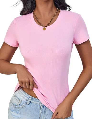 Pink Short Sleeve Tops Womens Ribbed Basic Trendy Stretchy Lightweight Summer Tops(Pink Large) | Amazon (US)