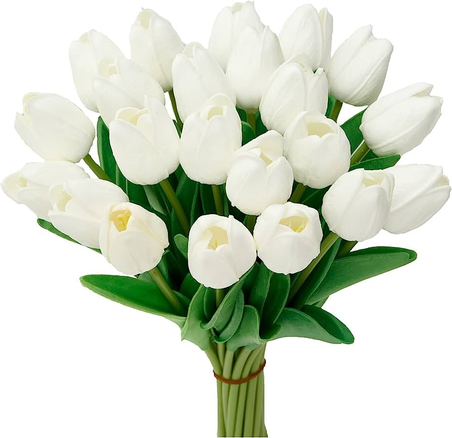 KISLOHUM 22pcs White Tulips Artificial Flowers Fake Flowers 13.5" Faux Tulips PU Real Touch for H... | Amazon (US)