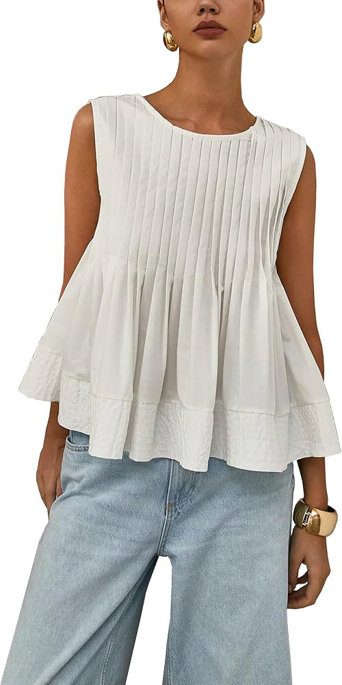 Womens Summer Pleated Peplum Sleeveless Blouse Tank Tops Round Neck Y2K Babydoll Blouse Shirt | Amazon (US)