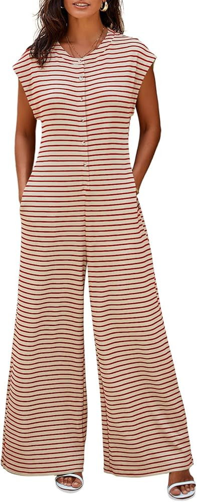 Cicy Bell Womens Casual Striped Jumpsuits Summer Cap Sleeve Wide Leg Jumper Romper Button Down Tr... | Amazon (US)