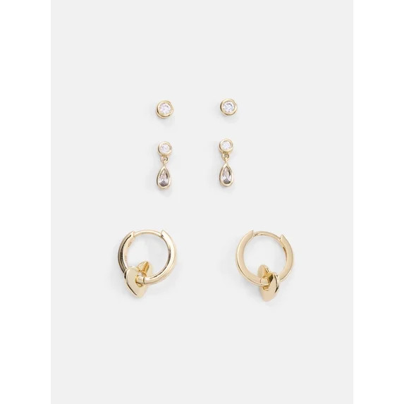 Free Assembly Women's Demi Fine 14K Gold Plated Cubic Zirconia Heart Hoops and Studs Earring Set,... | Walmart (US)