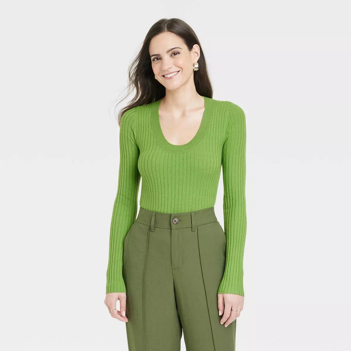 Women's Fine Gauge Scoop Neck Sweater - A New Day™ Green XL | Target