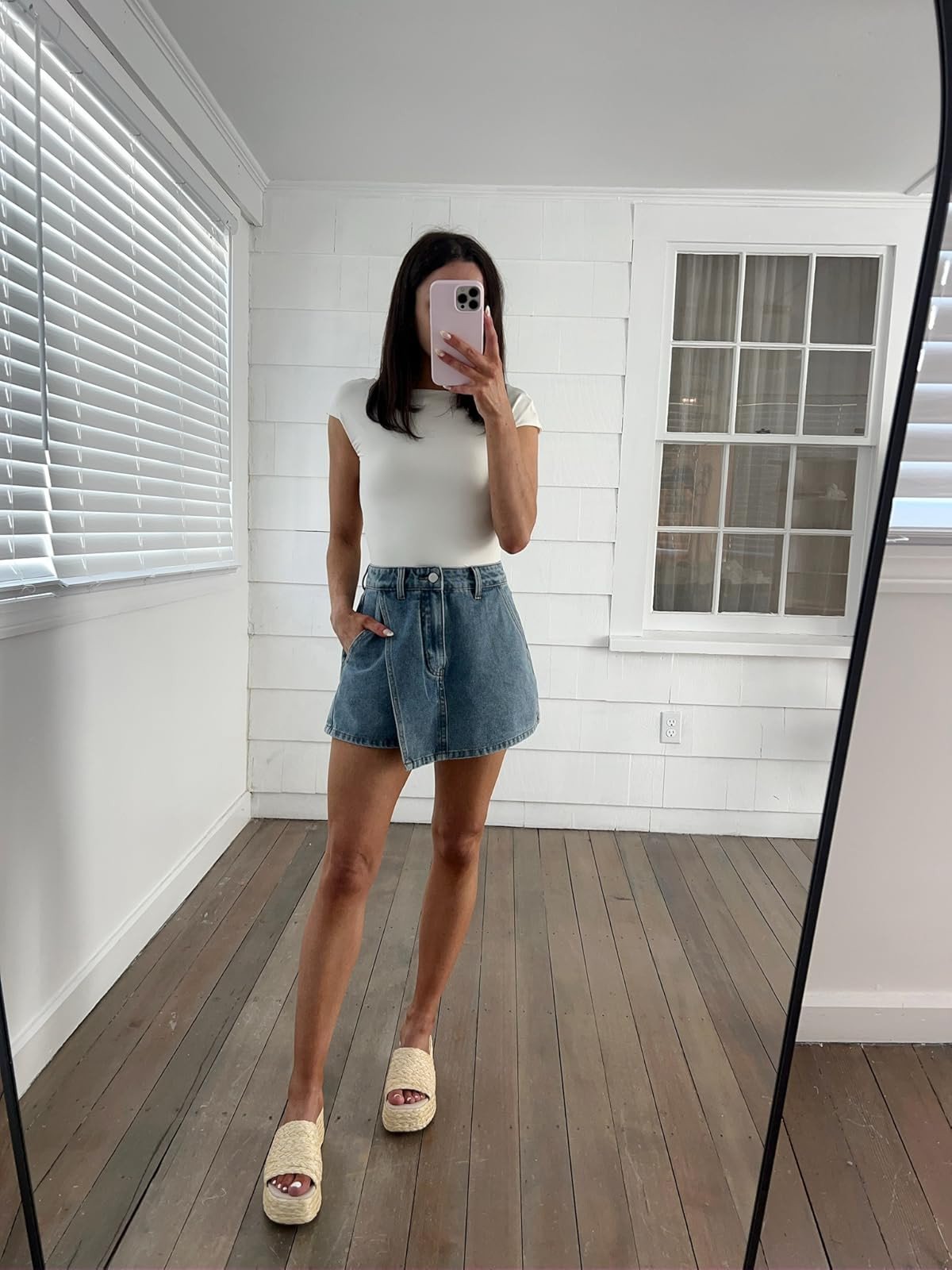 Top in XS, skort in XS, wedges true to size. Denim skort/white basic top/sandals/casual summer outfit
 

 

#LTKSeasonal #LTKPetite #LTKFindsUnder50