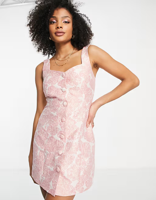 Miss Selfridge floral jaquard mini pinny dress in pink | ASOS (Global)