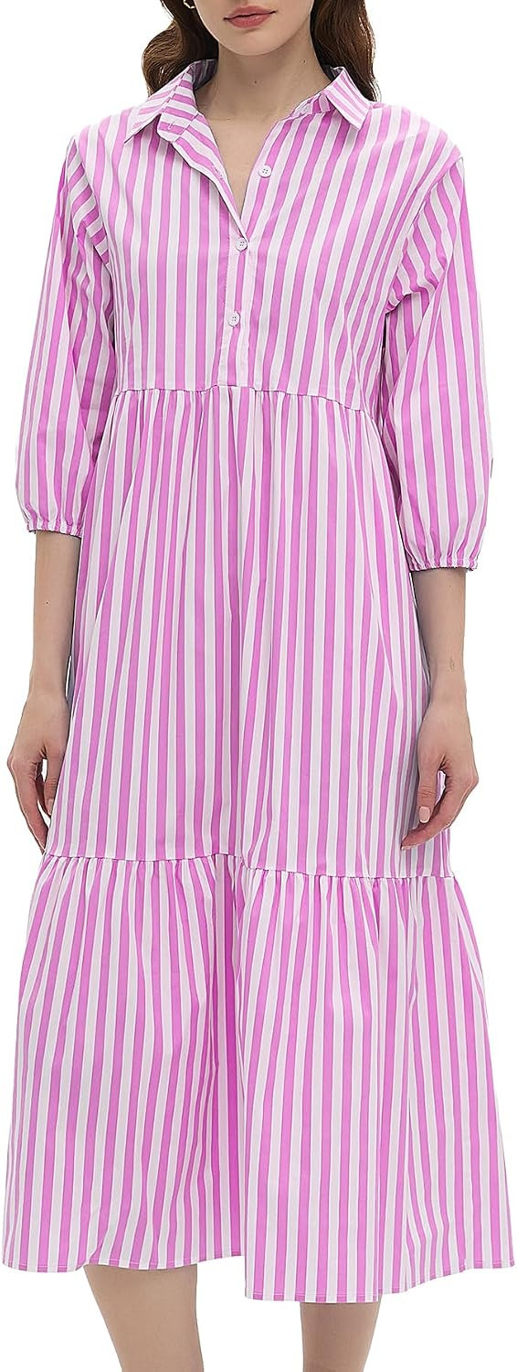 EZAPINE Womens Babydoll Striped Shirt Midi Dress Puff Long Sleeve Collared Button Tunic Flowy Swing Dresses | Amazon (US)