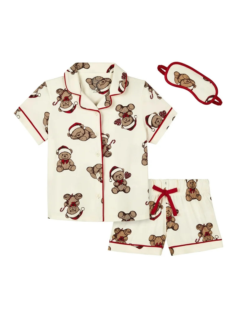 Wonder Nation Girls Short Sleeve Button Front Pajama Top and Shorts Set with Eyemask, 3-Piece, Si... | Walmart (US)