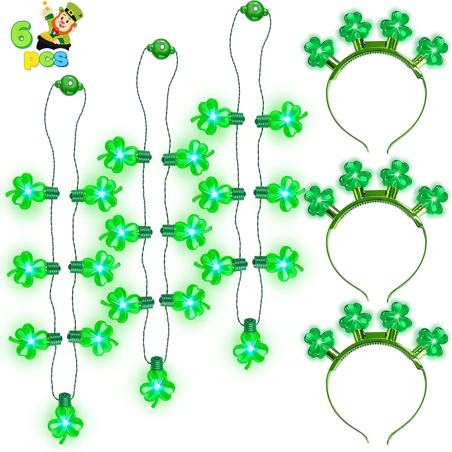 JOYIN 6 Pcs St. Patrick's Day Shamrock LED Light Up Headband and Necklace Party Accessories Iris ... | Amazon (US)