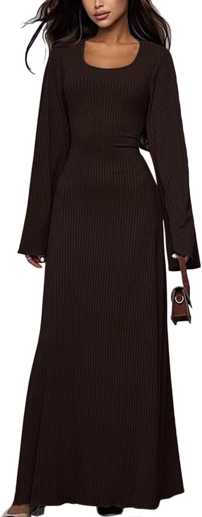 ZGMYC Women's Scoop Neck Lace Up Ribbed Maxi Dress Knit Flare Sleeve Bodycon Dress Loose Casual L... | Amazon (US)