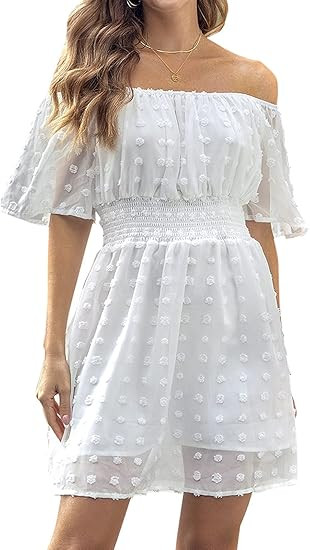 Blooming Jelly Womens White Dresses Off The Shoulder Chiffon Beach Dress Casual Summer Mini Dress... | Amazon (US)