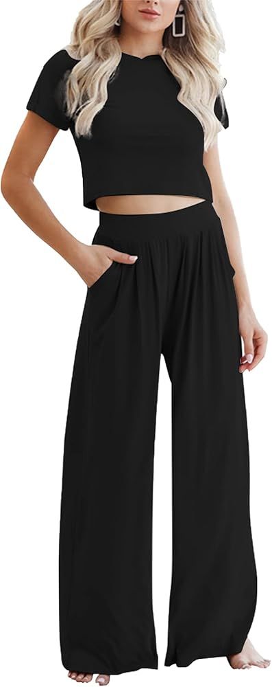 NANAMEEI Women Lounge Set Short Sleeve Crop Top Wide Pants Pajama Set Tracksuit Outfit 2 Piece | Amazon (US)