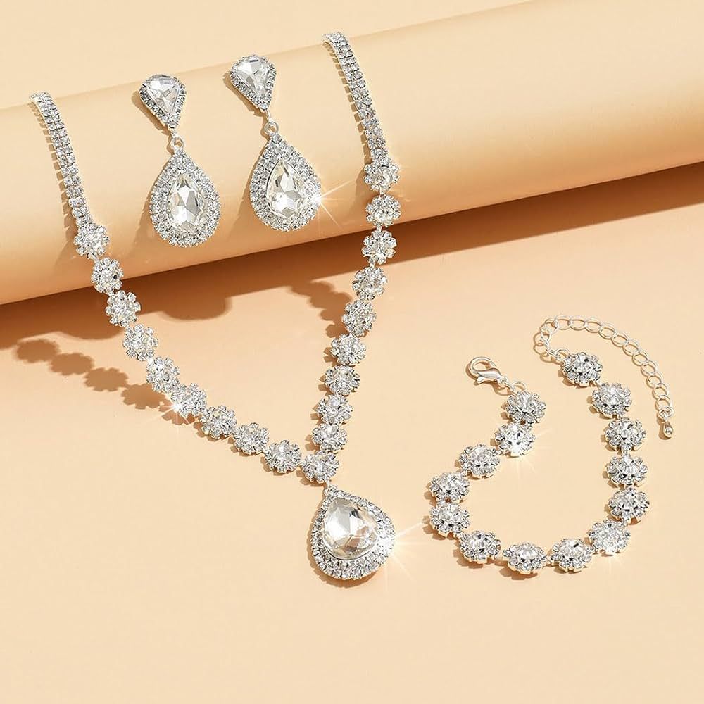 Unicra Bridal Wedding Jewelry Set Silver Rhinestone Necklace Earrings Bracelet Sets Formal Costum... | Amazon (US)
