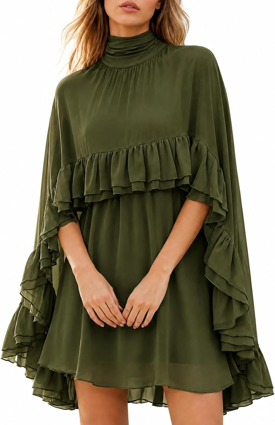 Women’s 2 Piece Chiffon Cape Mini Dress Flowy Ruffle Poncho Sleeve Dress for Wedding Guest Cocktail Party | Amazon (US)