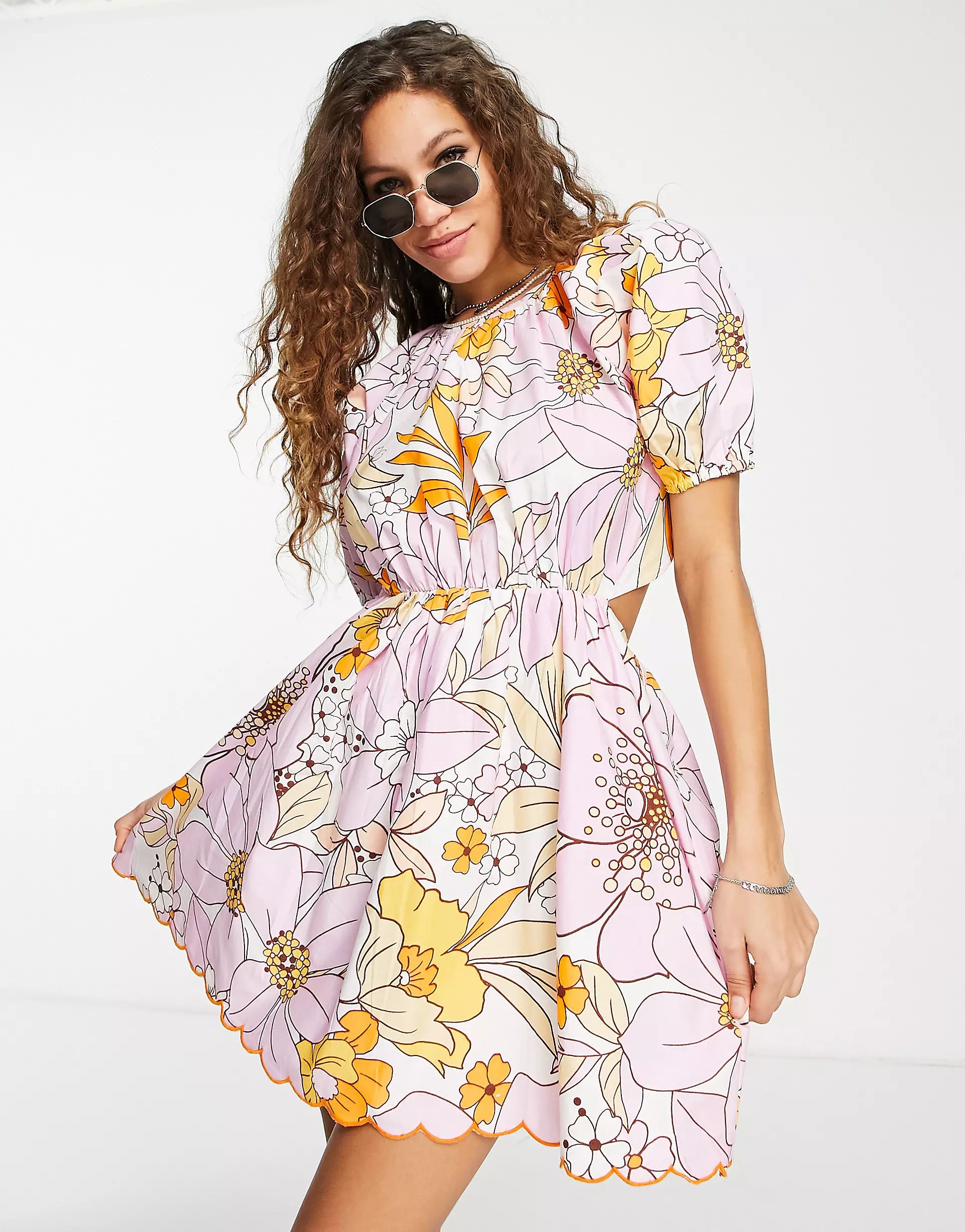 ASOS DESIGN cotton mini dress with open back in 60s floral print | ASOS (Global)