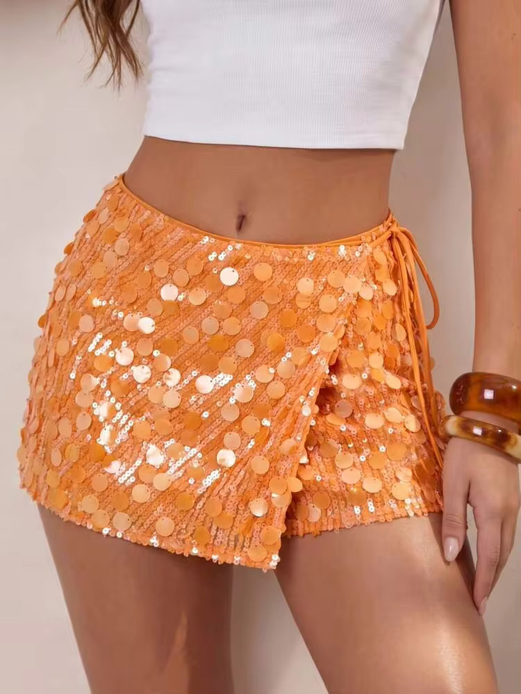 Glamine Orange Sequin Skort Women's High Waist Wrap Mini Shorts Side Tie Sparkly Party Outfit Night Out Date Night Halloween Homecoming Fall Festival Concert | SHEIN USA | SHEIN