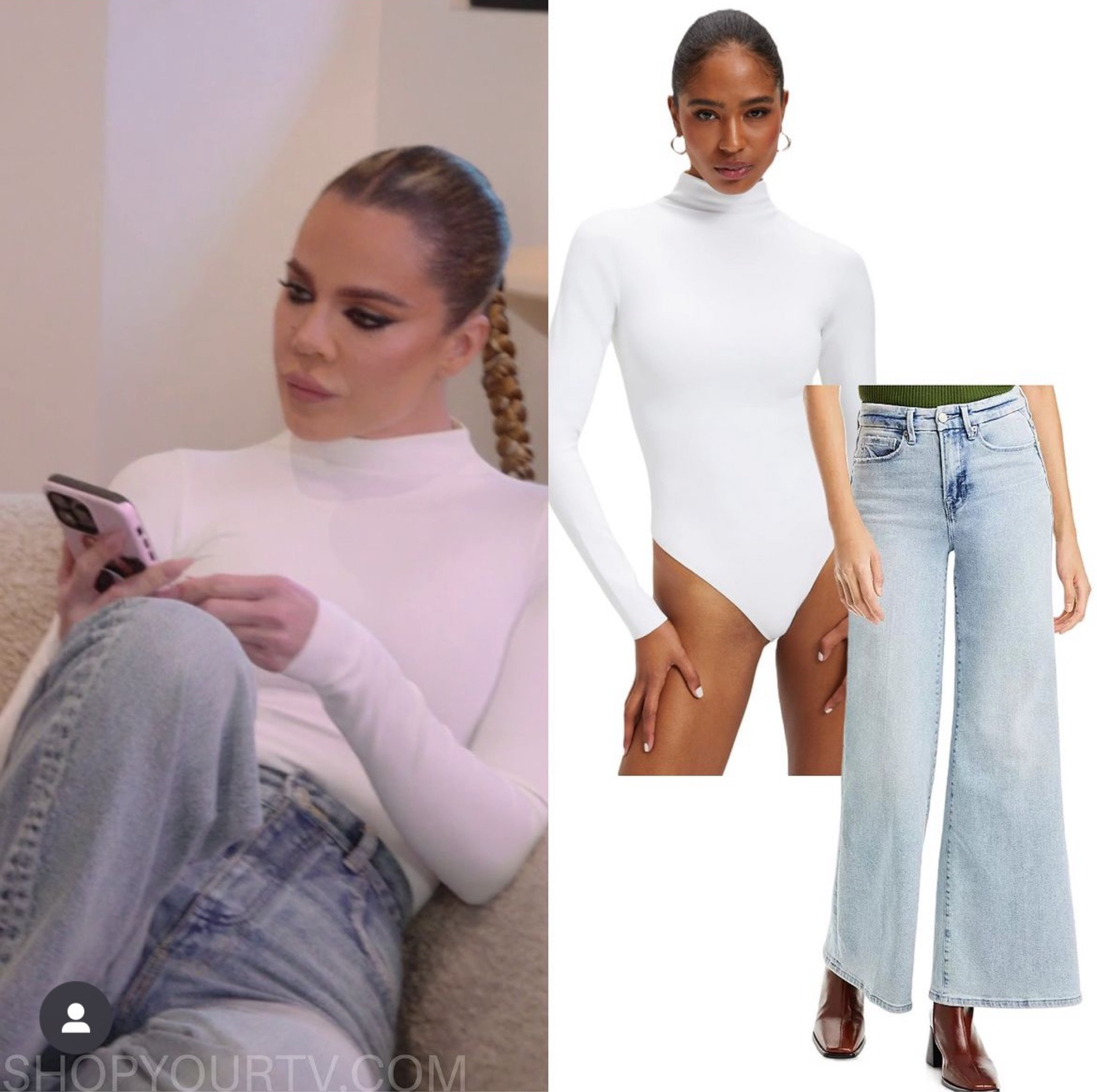 Khloe Kardashians mock neck top and blue jeans in 4x08 of The Kardashians, both by Good American