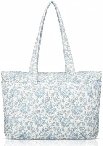Women Blue Floral/Pink Bow Tote Bag Lightweight Puffy Tote Bag with Zipper Quilted Shoulder Handb... | Amazon (US)
