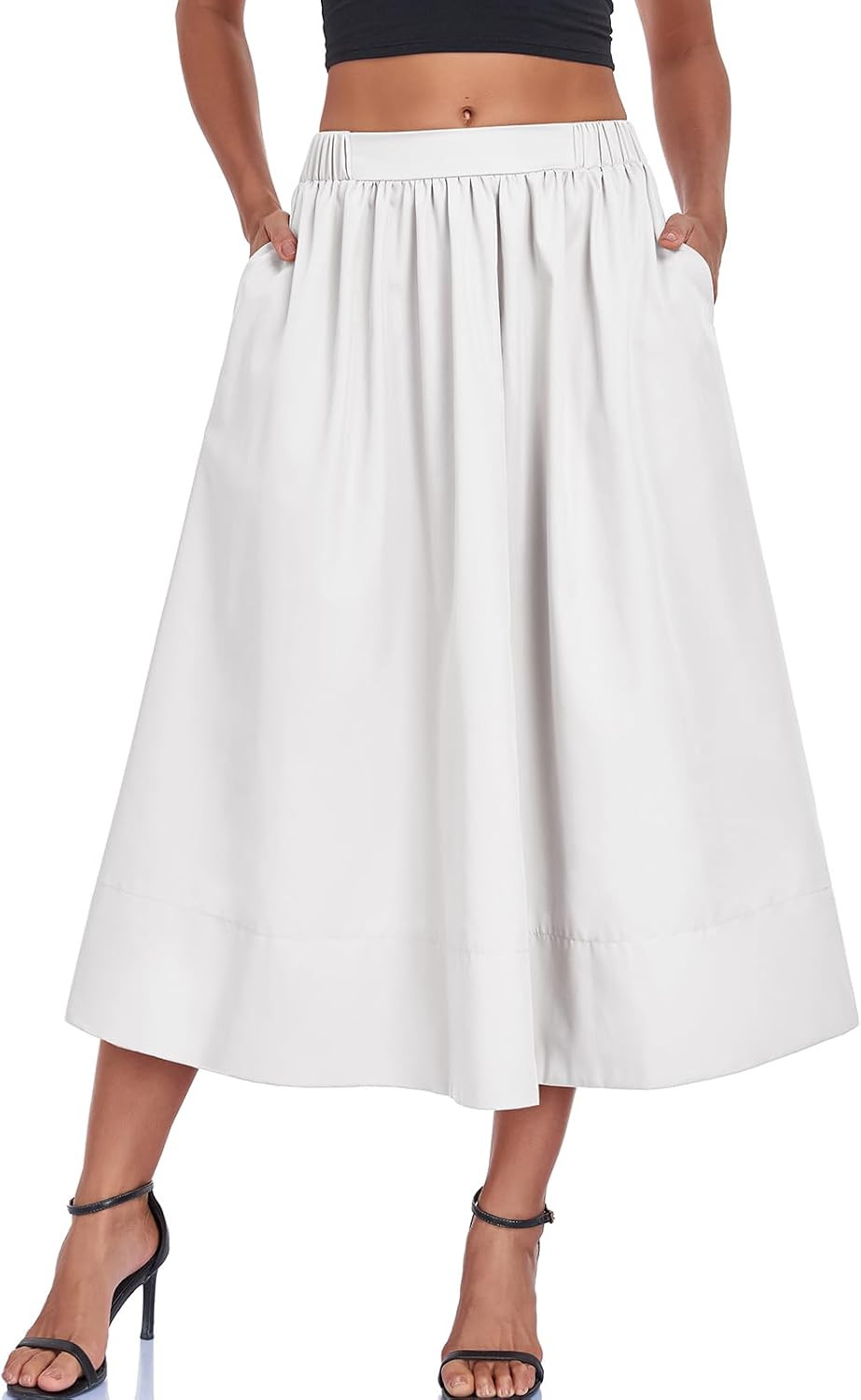 HOTIAN Women's A-Line Midi Skirts Casual Summer Elastic High Waist Pleated Flowy Beach Long Skirt with Pocket | Amazon (US)