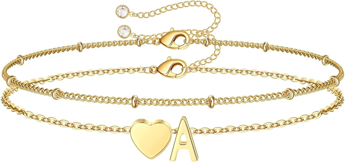 Easter Basket Stuffers Gifts for Kids Girls, 14K Gold Plated Heart Initial Bracelet Teen Girl Gif... | Amazon (US)