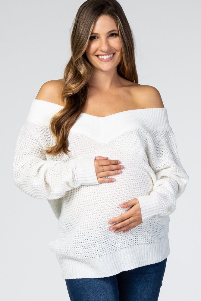 Ivory Waffle Knit V-Neck Maternity Sweater | PinkBlush Maternity