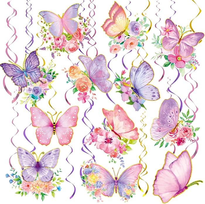 32Pcs Butterfly Party Decorations, Butterfly Hanging Swirl Decorations Pink and Purple Hanging Bu... | Amazon (US)