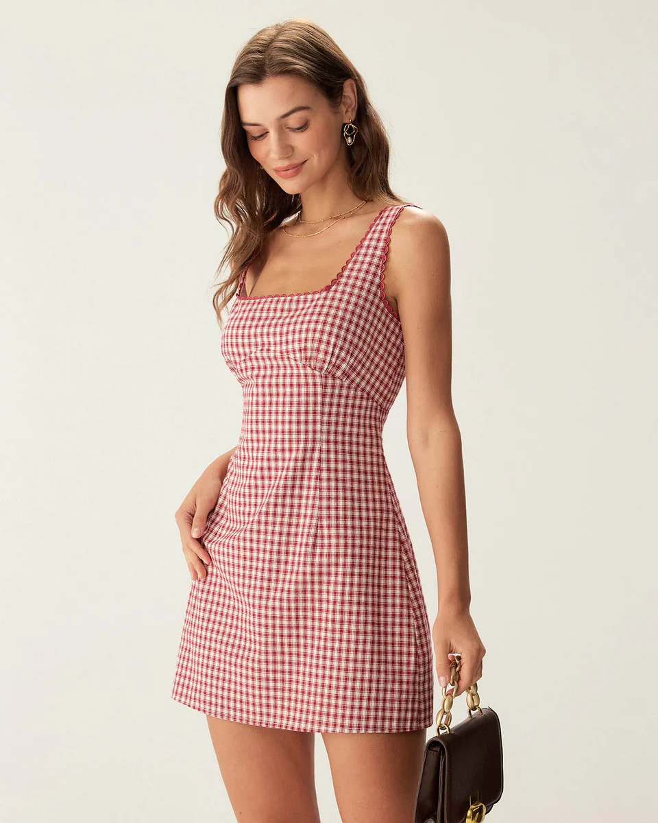Red Plaid Square Neck Slip Mini Dress | rihoas.com