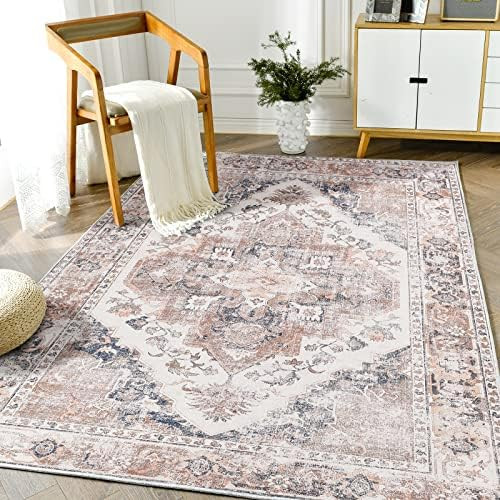 JINCHAN Area Rug 3x5 Door Mat Vintage Persian Rug Chenille Light Red Floral Print Floor Cover Accent | Amazon (US)