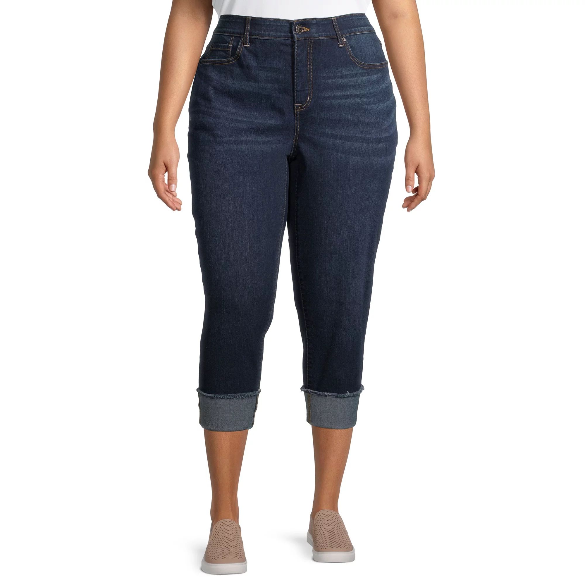 Terra & Sky Plus Size Skinny Denim Capri Jeans With Roll Cuff | Walmart (US)
