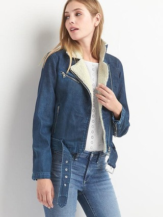 Gap Womens Denim Sherpa Moto Jacket Dark Indigo Size L Tall | Gap US