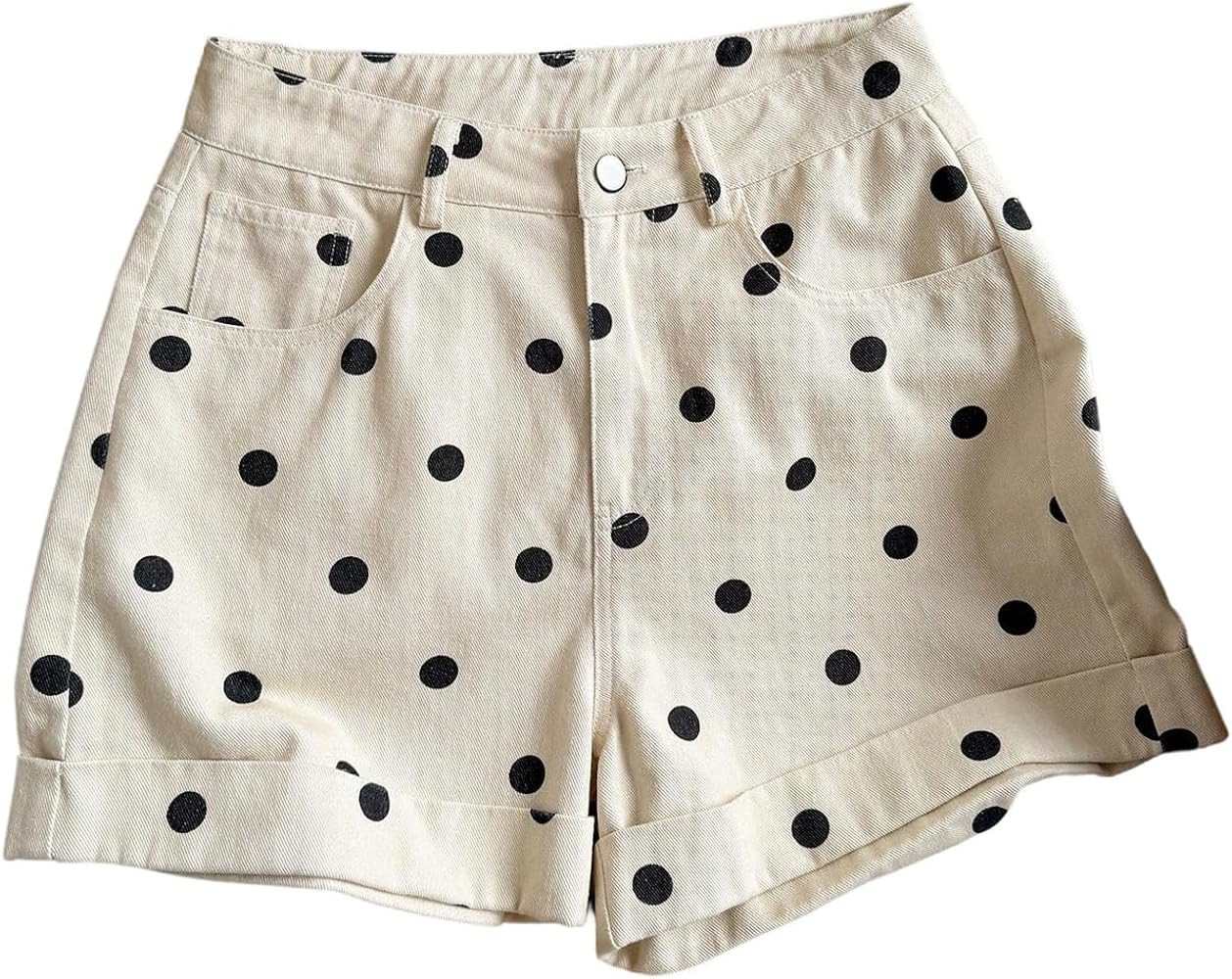 WDIRARA Women's Polka Dots Jean Shorts Roll Up Hem Denim Shorts with Pockets | Amazon (US)