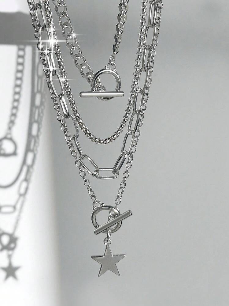 ROMWE Goth 4pcs/Set Fashionable Punk Style Star Pendant Necklaces | SHEIN
