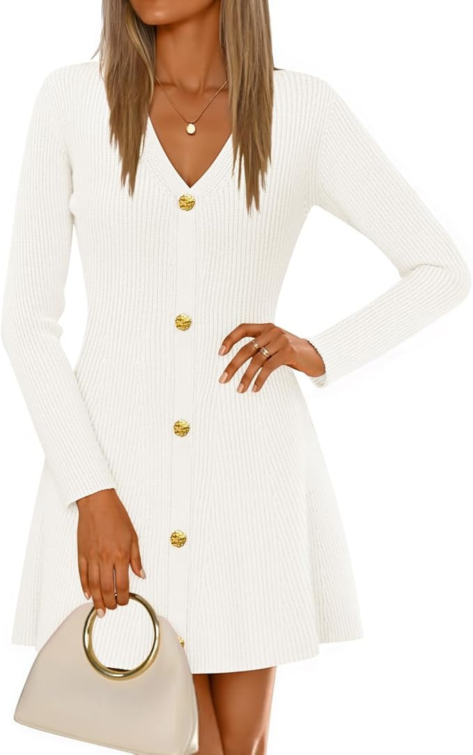 ZESICA Women's Fall Long Sleeve Sweater Dress 2025 Casual V Neck Button Ribbed Knit A Line Swing ... | Amazon (US)