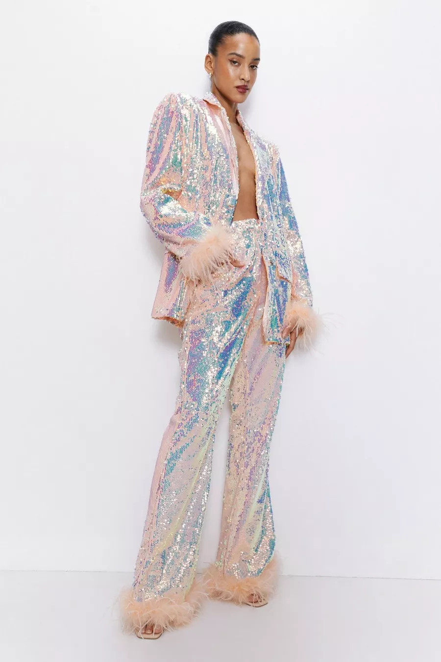 Premium Sequin Feather Trim Flare Pants | Nasty Gal US