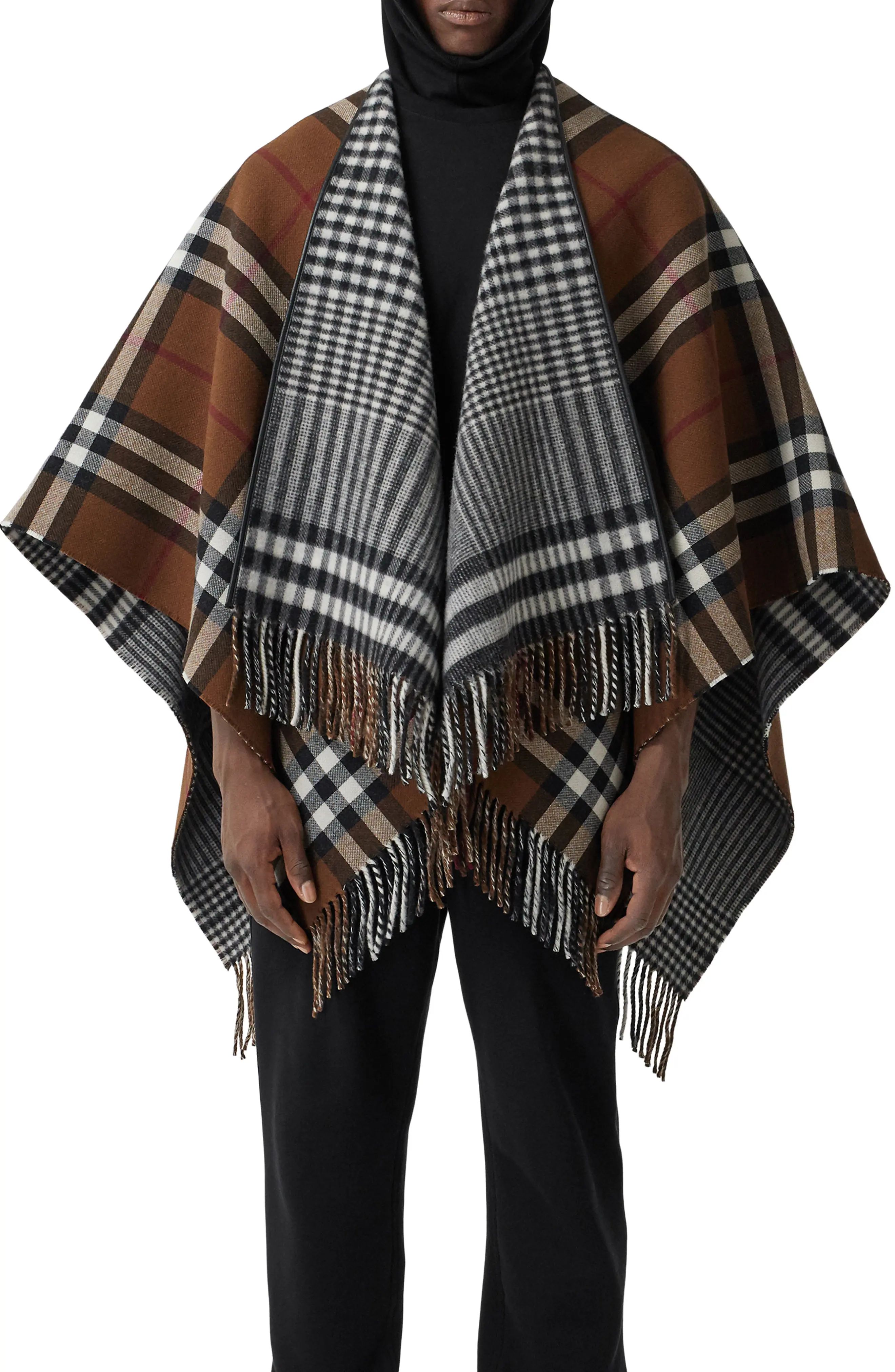 Women's Burberry Reversible Lambskin Trim Check Wool Cape, Size One Size - Brown | Nordstrom