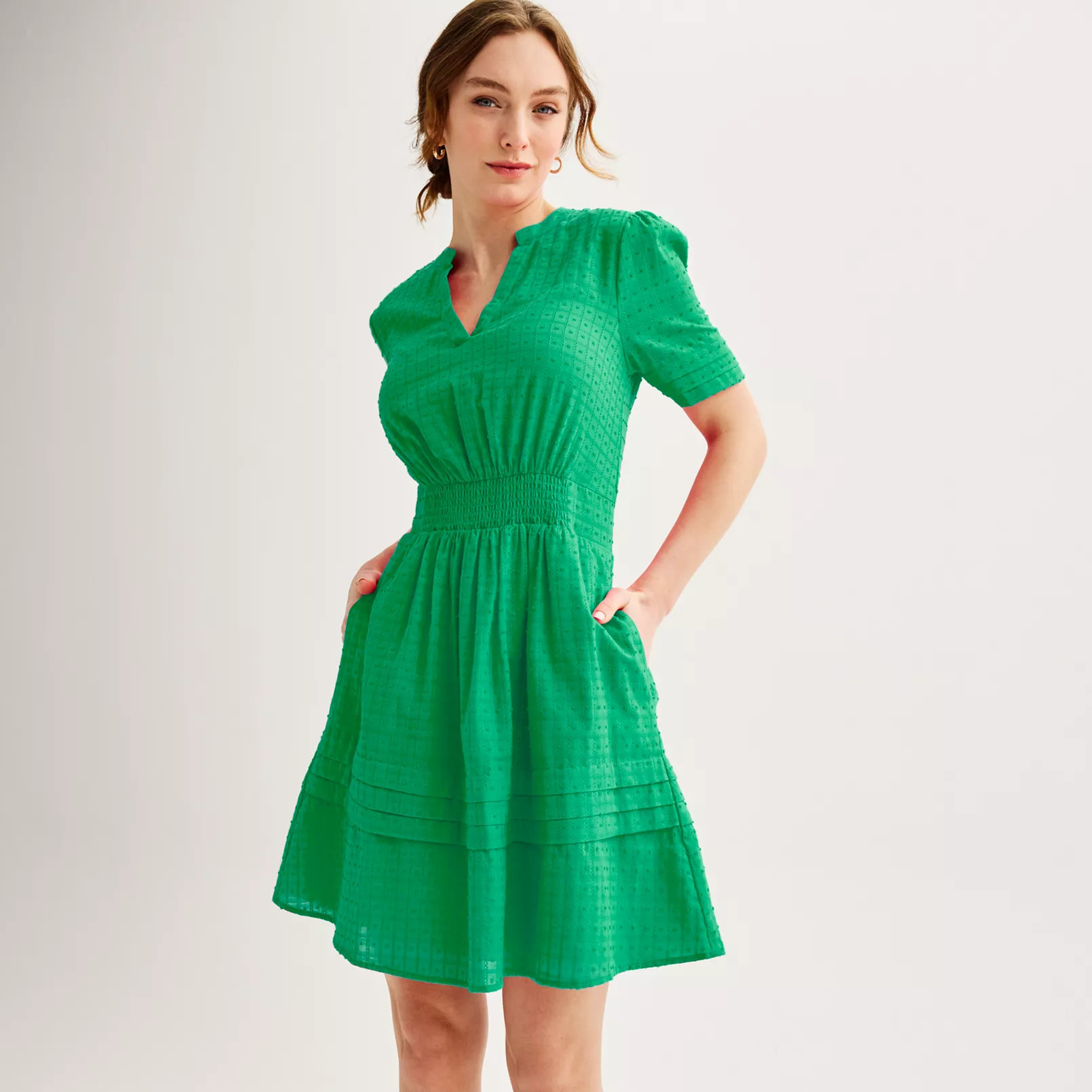 Women's Draper James Dotted Windowpane Smocked Waist V-Neck Mini Dress | Kohl's