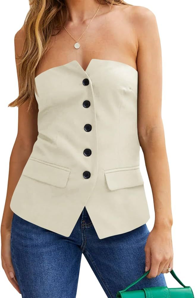 Cicy Bell Notched Neck Tube Tops Blazer Sleeveless Button Fitted Strapless Work Blazer Vest | Amazon (US)