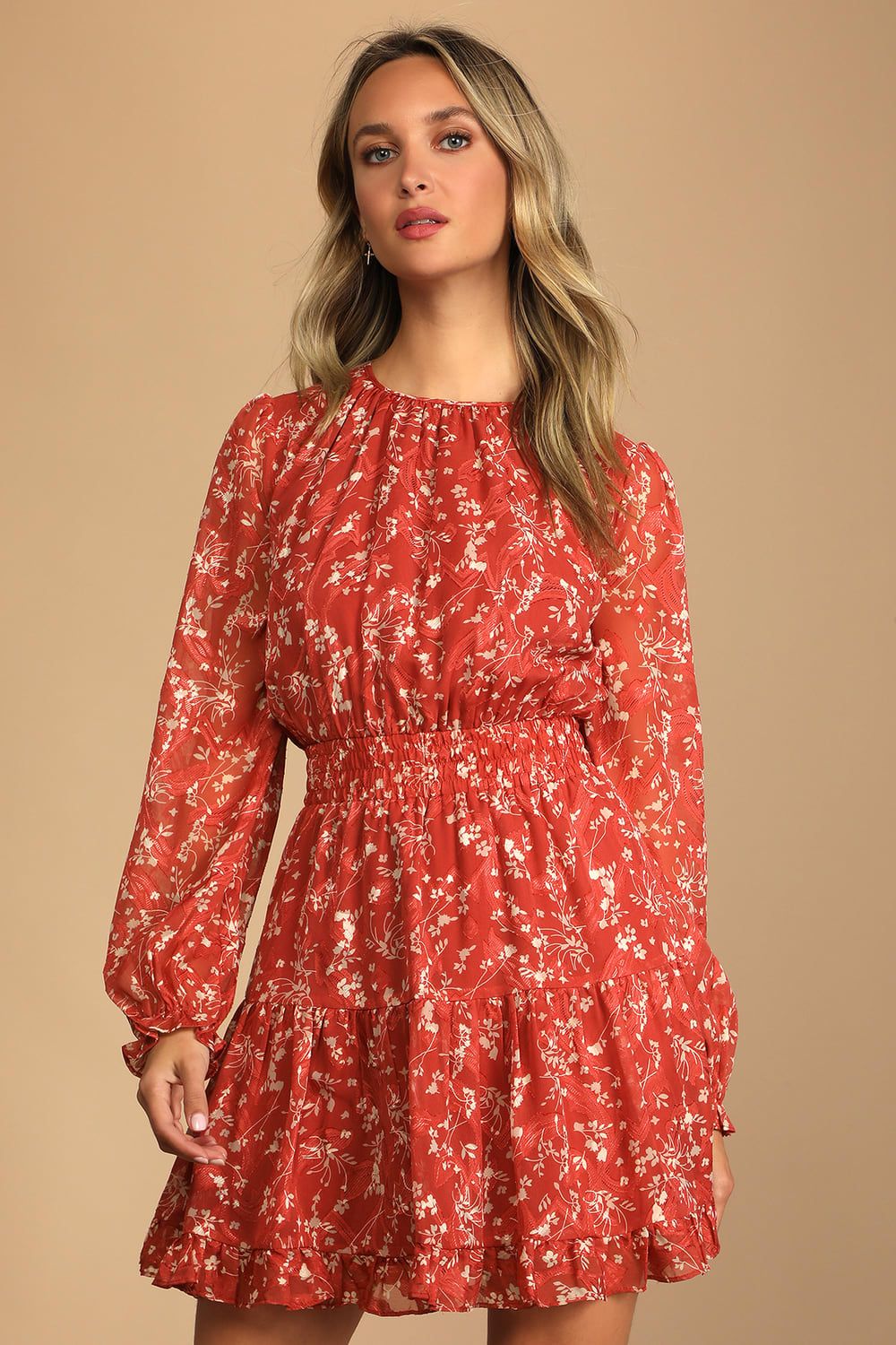 Too Cute Rust Red Floral Print Smocked Long Sleeve Mini Dress | Lulus (US)