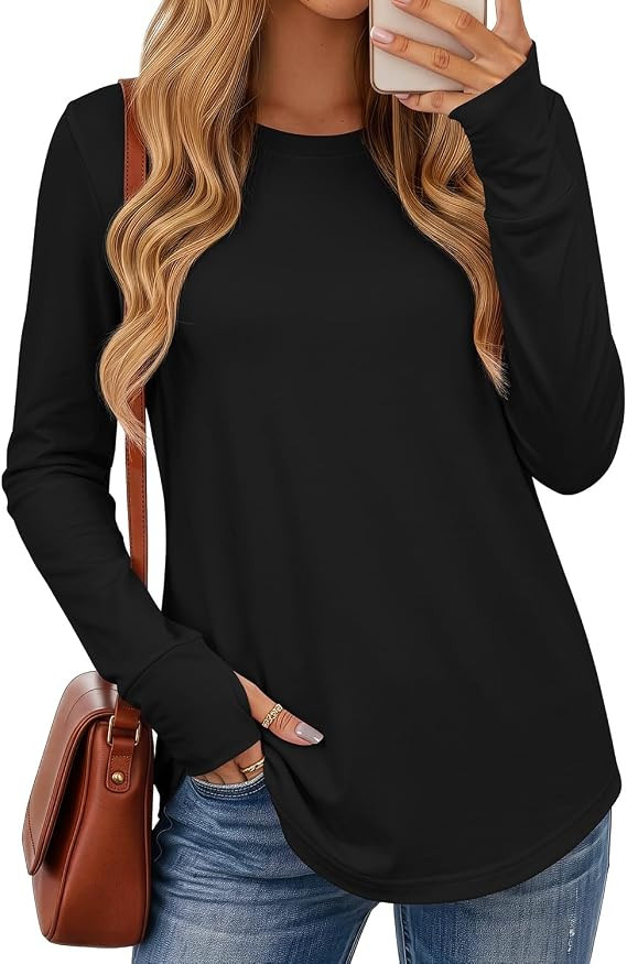 Womens Cotton Long Sleeve Shirts with Thumb Holes Tunic Tops | Curved Hem Shirts, Crew Neck Tops ... | Amazon (US)
