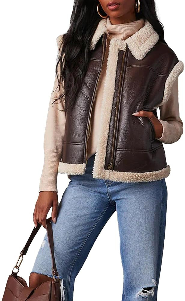 Sexyshine Women's Faux Leather Shearing Sherpa Vest Sleeveless Zip Up Fleece Lined Jacket Coat wi... | Amazon (US)